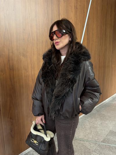 Çift Taraflı , Yakası Çıkarılabilir Kürklü , İthal Acıkahve Mont