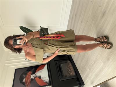 Omuz Dekolteli Haki Tasarım Keten Takım