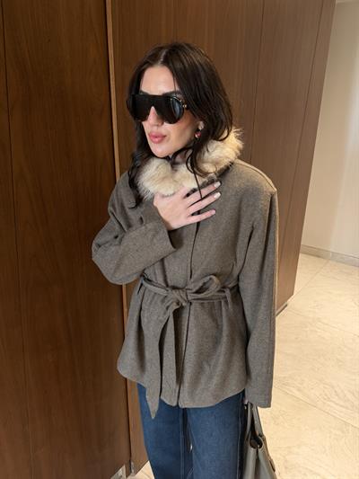 Peluş Yaka , Kahve , Kuşaklı Kaşe Kaban