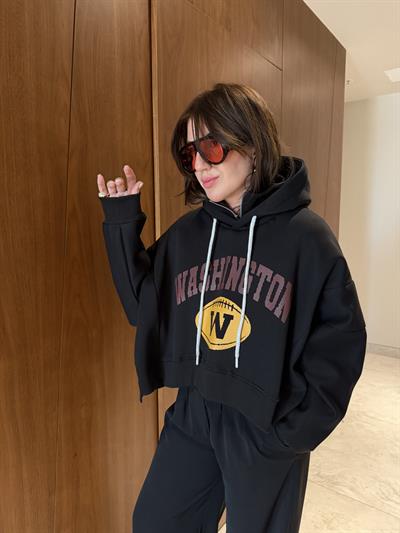 Yakası Fermuarlı , Kapüşonlu , Siyah Sweatshirt
