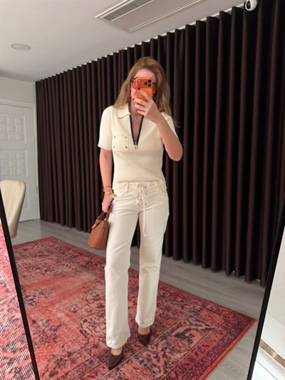 Orijinal Marka , Önden Bağlama Detaylı , Ekru Jean