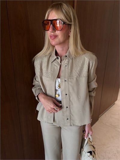 Orijinal Model , Bej , Serpme Taşlı , Yumuşacık Gabardin Jean Takım