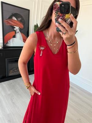 Yakası Taş İşlemeli , V Yaka , Kırmızı Elbise