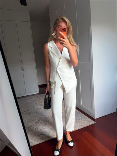 Asimetrik Kesim , Yelek & Pantolon , Premium Beyaz Takım