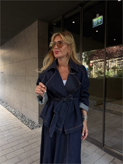 Kuşaklı Ceket & Etek , Premium Jean Takım