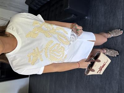 Bej Kabartmalı , %100 Coton , Beyaz T-shirt