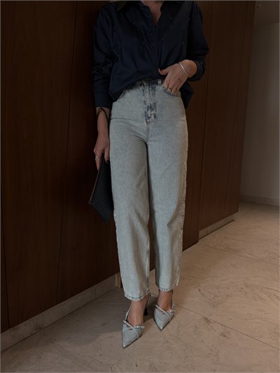 Yanları Nakışlı, Buz Mavisi Mom Jean