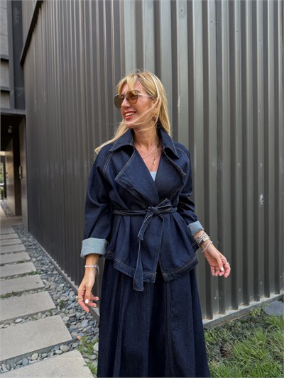 Kuşaklı Ceket & Etek , Premium Jean Takım