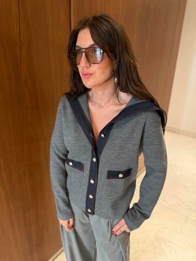 Orijinal Model Jean Detaylı Gri Tasarım Triko