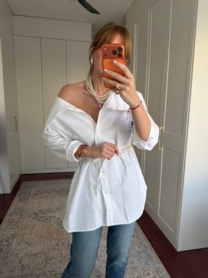 Kayık Yaka , Beyaz , Kuşaklı Poplin Gömlek