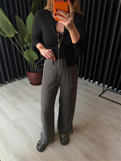 Antrasit Premium Tok Tencel Kumaş, Paçası Düğme Detaylı Pantalon 