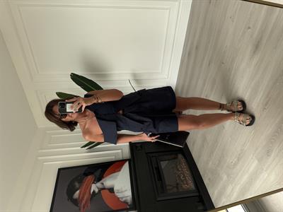 Omuz Dekolteli Lacivert Tasarım Keten Takım