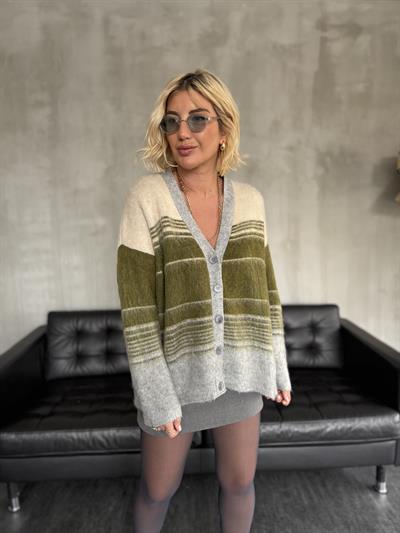 Haki & Ekru Geçiş Çizgili , Yumuşacık Triko Hırka