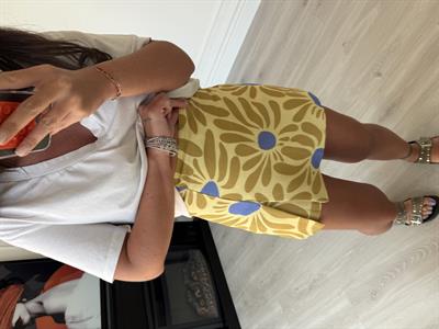 Mavi Çiçekli , Keten Dokulu , Şort Etek