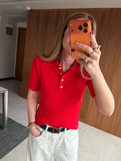 Polo Yaka , Gold Düğmeli , Kırmızı , Saç Örgü Triko