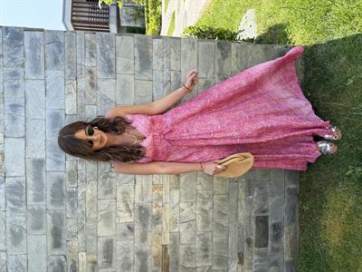 Belden Bağlamalı , Askılı , Gold Pembe Desenli , İthal Elbise