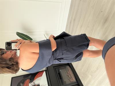 Omuz Dekolteli Lacivert Tasarım Keten Takım