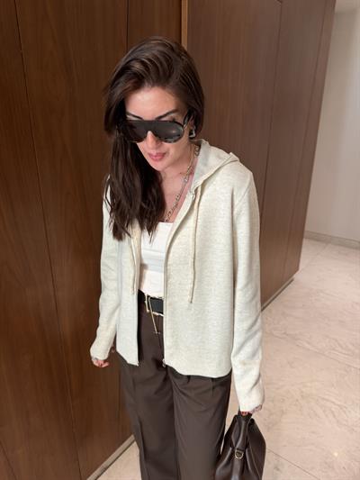 Taş , Kapüşonlu , Fermuarlı Triko Sweatshirt