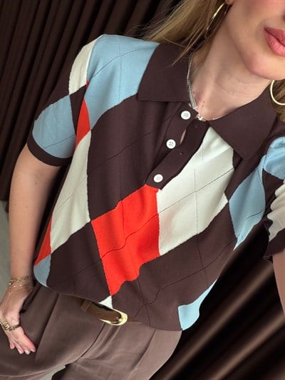 Acıkahve & Oranj Baklava Desenli , Polo Yaka Merserize