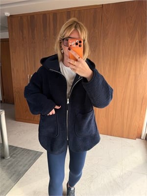 Önden Cepli Kapüşonlu Lacivert Teddy Mont