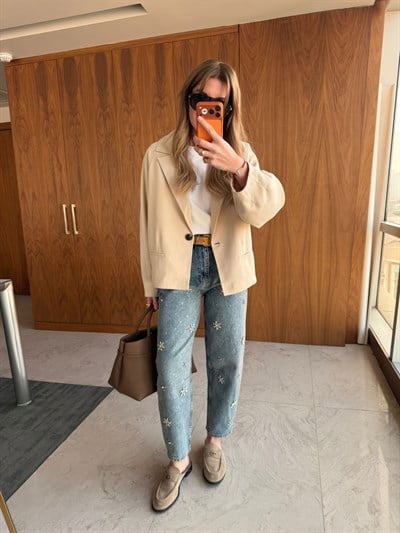 Çiçek Taş İşlemeli , Mom Jean Pantolon