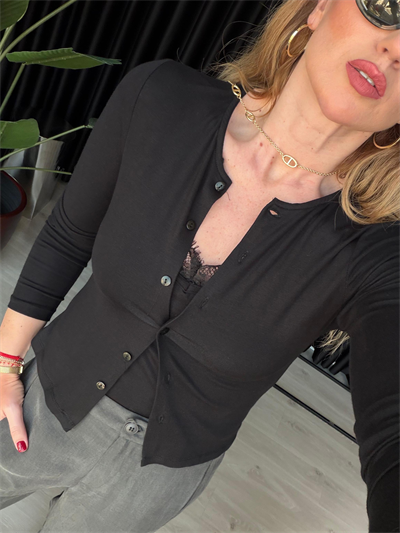 Dantelli Bluz Detaylı Siyah Likralı Bluz & Hırka Takım
