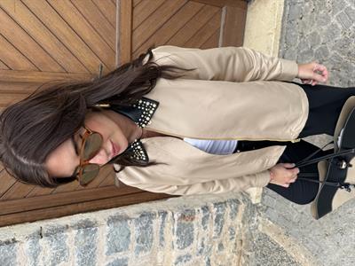 Orijinal Model , Yakası Deri ve Taş İşlemeli , Premium Camel Ceket