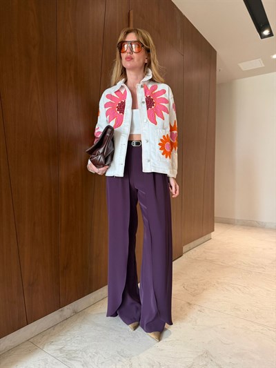 Kemerli , Pelerin Detaylı , Mürdüm , Krep Kumaş , Tiril Palazzo