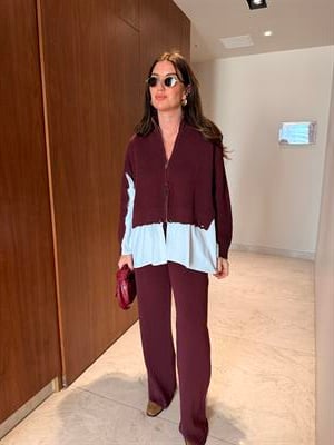 Poplin Detaylı , Önden Fermuarlı , Bordo Triko Takım