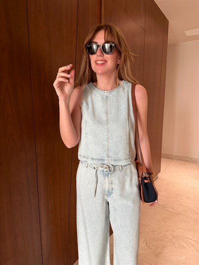 Orijinal Marka , Yumuşacık , Bluz & Palazzo Buz Mavisi , Tencel Jean Takım