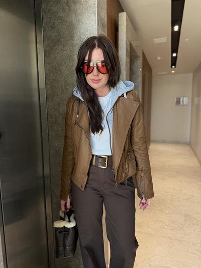 Çıkabilir Kapişonlu , Taba Deri Ceket