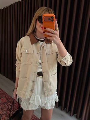 Taba Yakalı , Bej , Yumuşacık Tencel Jean Ceket