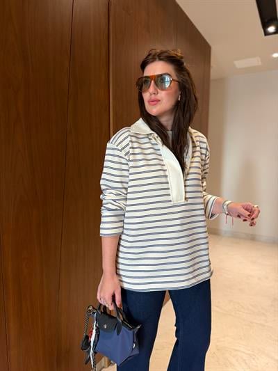 Yarım Fermuarlı , Lacivert Çizgili , Polo Yaka Sweatshirt