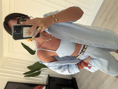 %100 İthal Keten , Bebe Mavisi , Çift Kat Askılı Bluz