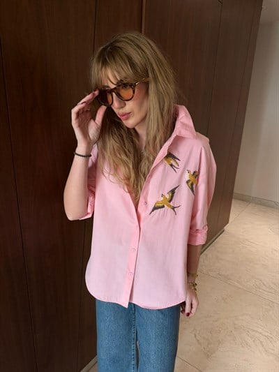 Boncuk Kuş İşlemeli , Pembe Poplin Gömlek
