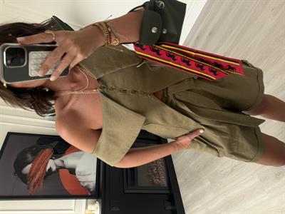 Omuz Dekolteli Haki Tasarım Keten Takım