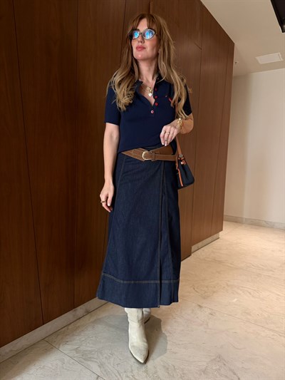 Süet Kemerli , Likralı Lacivert Jean Etek