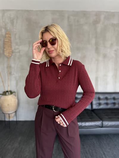 Polo Yaka , Yumuşacık , Düğmeli Bordo Triko