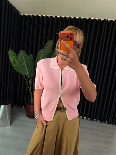 Çift Fermuarlı , Beyaz Biyeli , Pembe Merserize