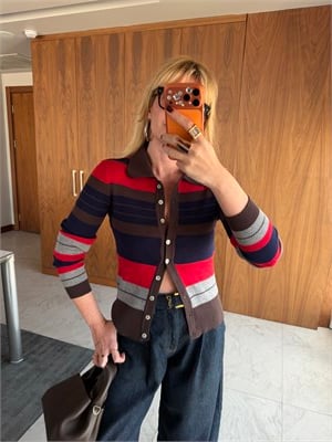 Polo Yaka Çizgili Premium Triko Hırka