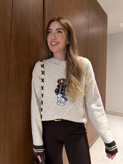 Punch Teddy İşlemeli , Bej Triko