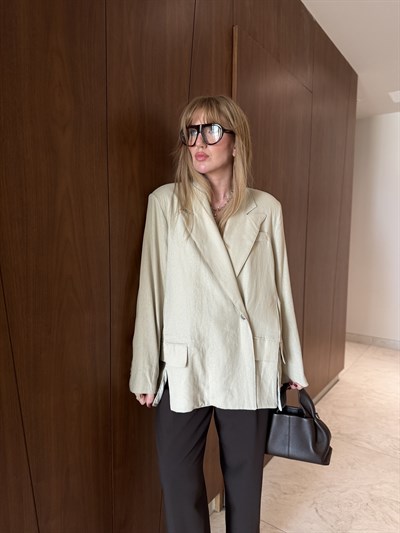 %100 Keten , Bej Blazer Ceket