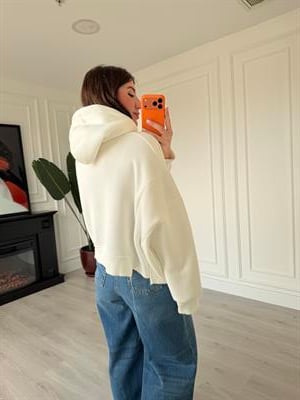 Yakası Fermuarlı , Kapüşonlu , Ekru Sweatshirt