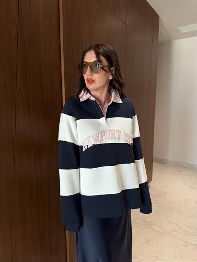 Lacivert Beyaz Çizgili , Polo Yaka Sweatshirt