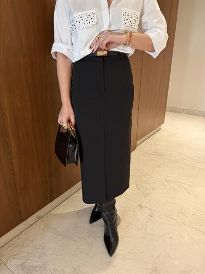 Yırtmaç Detaylı , Kemerli , Siyah , Midi Kalem Etek