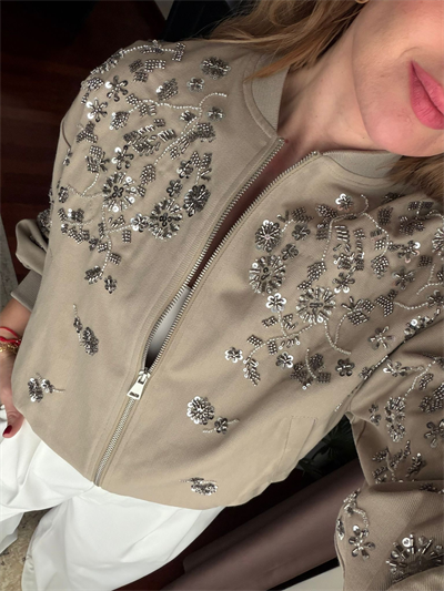 Kristal Taş İşlemeli Premium Vizon Bomber Ceket
