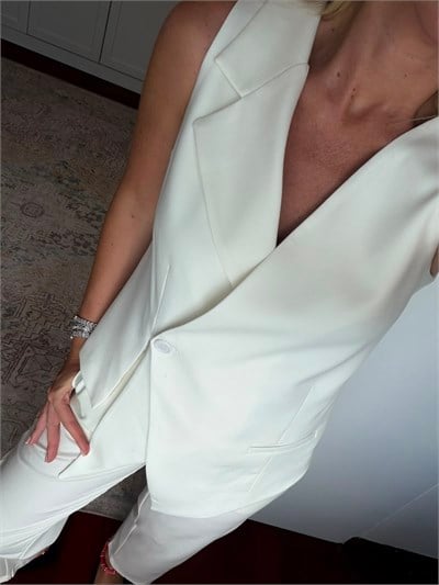 Asimetrik Kesim , Yelek & Pantolon , Premium Beyaz Takım