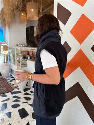 Arkası Triko Detaylı , Kuşaklı , Lacivert Puff Yelek