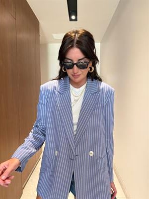 Beyaz Çizgili , Mavi Blazer Ceket