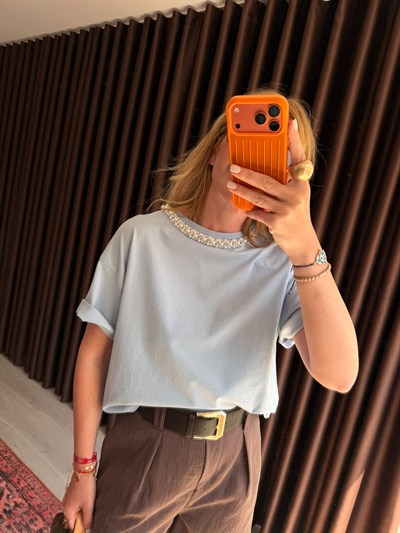 Orijinal Marka , Yakası İnci & Taşlı , Bebe Mavisi T-shirt